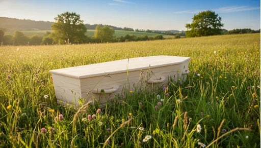 Photorealistic, light natural wood casket resting in a sunny, flower-filled meadow, emphasizing an eco-friendly or green burial concept