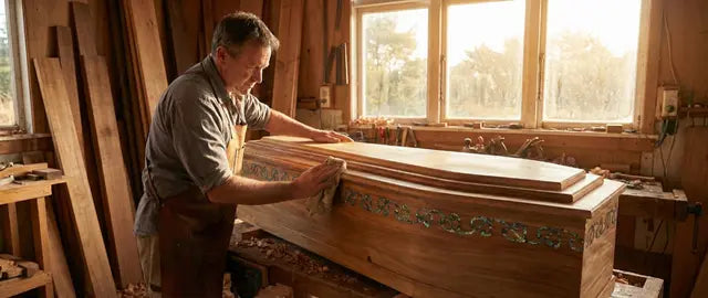 Artisan woodworker hand-polishing a solid New Zealand Native Rimu casket featuring paua shell inlay details in a sunlit workshop