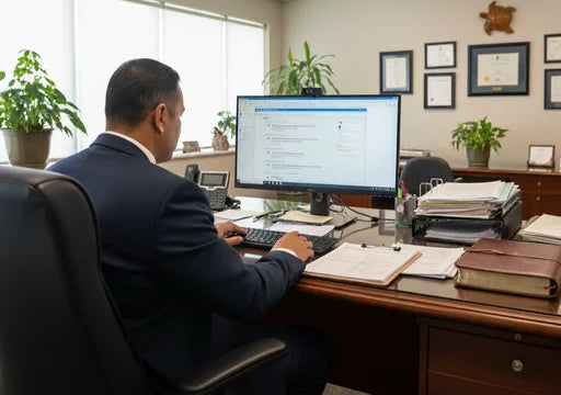 Pasifika funeral director in Auckland office efficiently processing cemetery paperwork and sending emails, showcasing professional service for families