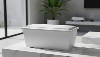 Photorealistic white urn on a modern marble bench in a bright, minimalist living room, perfect for contemporary home decor