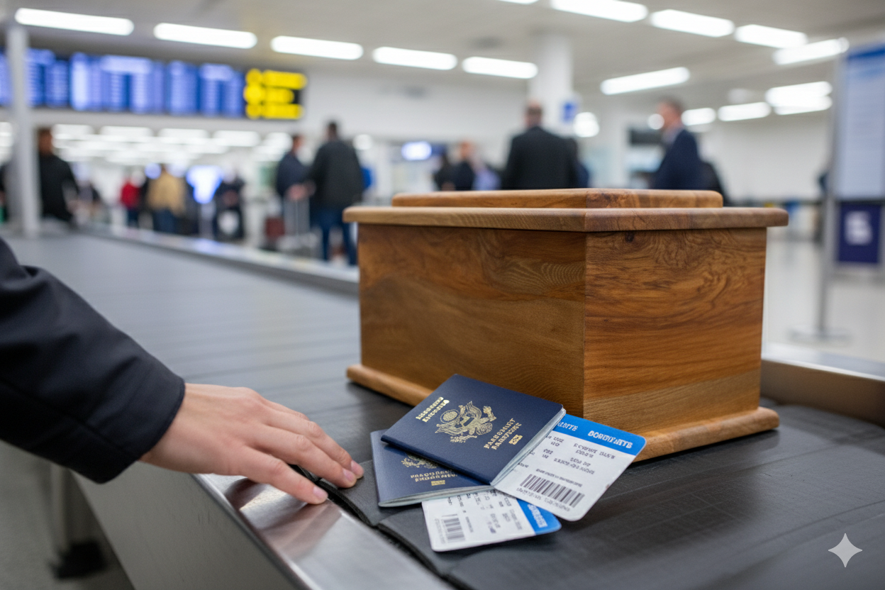 Photorealistic close-up of a wooden cremation urn on an airport conveyor belt, accompanied by two US passports and flight tickets, creating an action shot under bright synthetic lighting