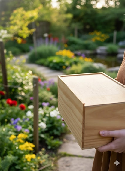 Person holding a wooden box in a garden with flowers and a pond in the background