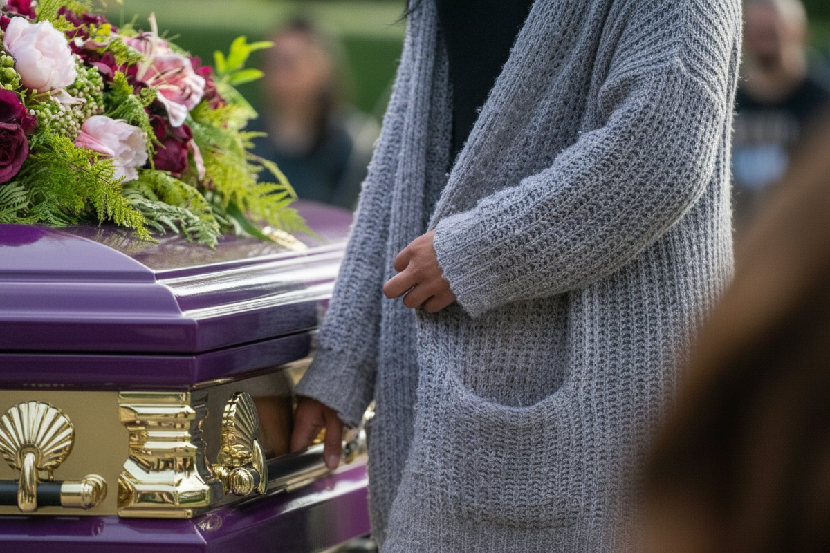 Funeral scene with a person in a gray cardigan standing next to a purple and gold casket adorned with a floral arrangement