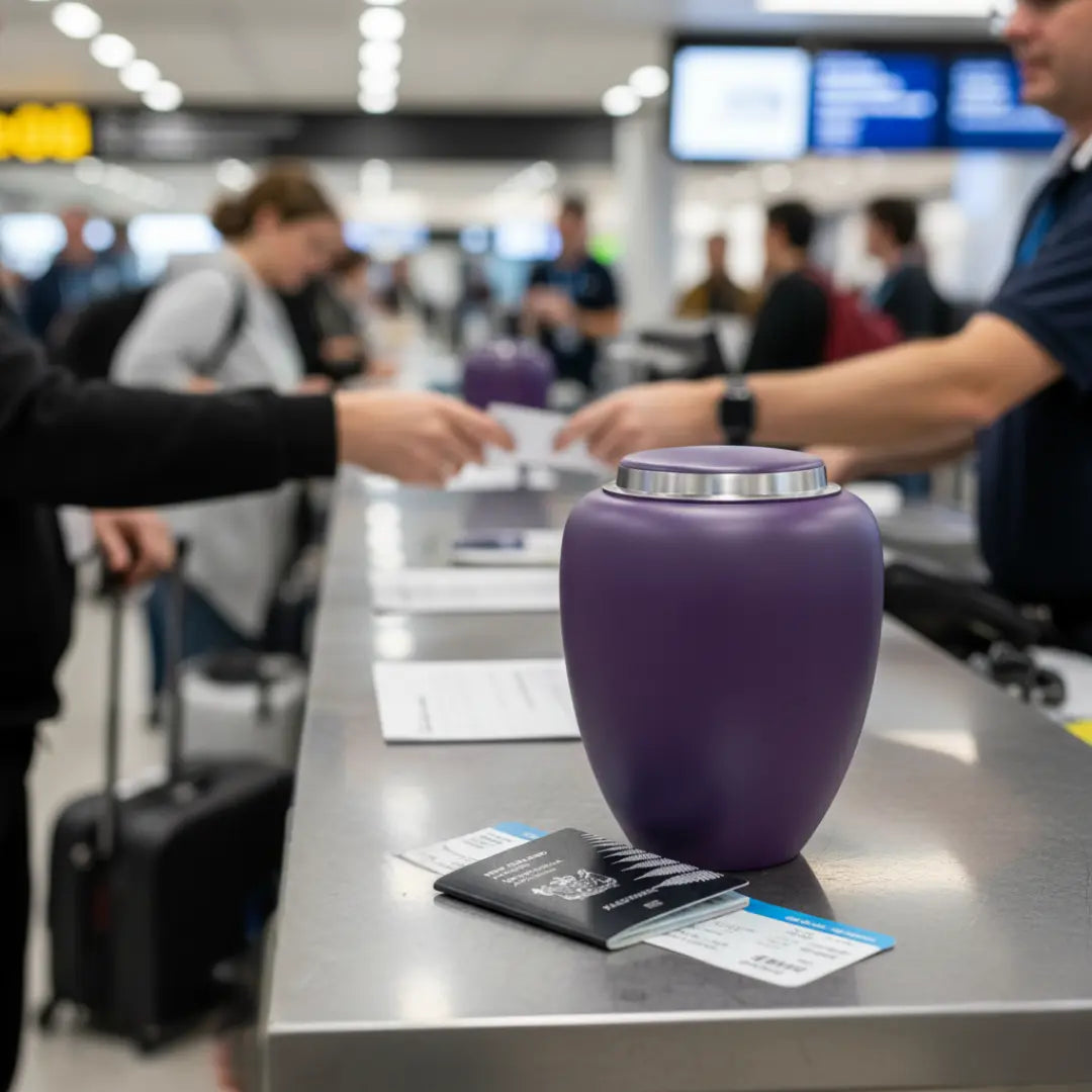 A purple cremation urn sits on an airport check-in or security counter next to a passport, illustrating the process of transporting or repatriating human ashes internationally