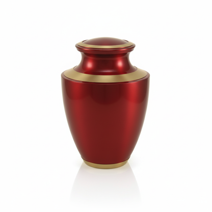 A beautifully crafted red cremation urn with elegant gold bands, displayed on a pure white reflective surface in a professional studio product shot, highlighting its sleek design and high-quality finish