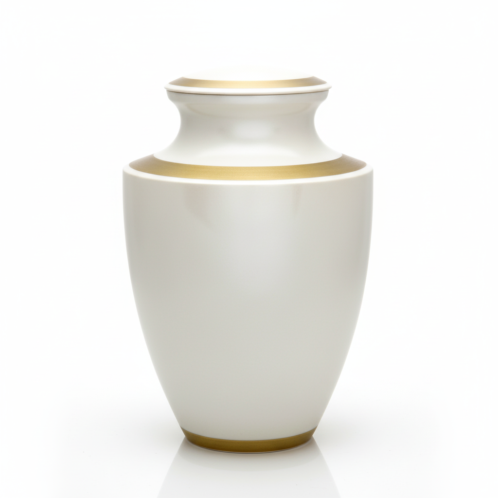 A beautifully crafted white cremation urn with elegant gold bands, displayed on a pure white reflective surface in a professional studio product shot, highlighting its sleek design and high-quality finish
