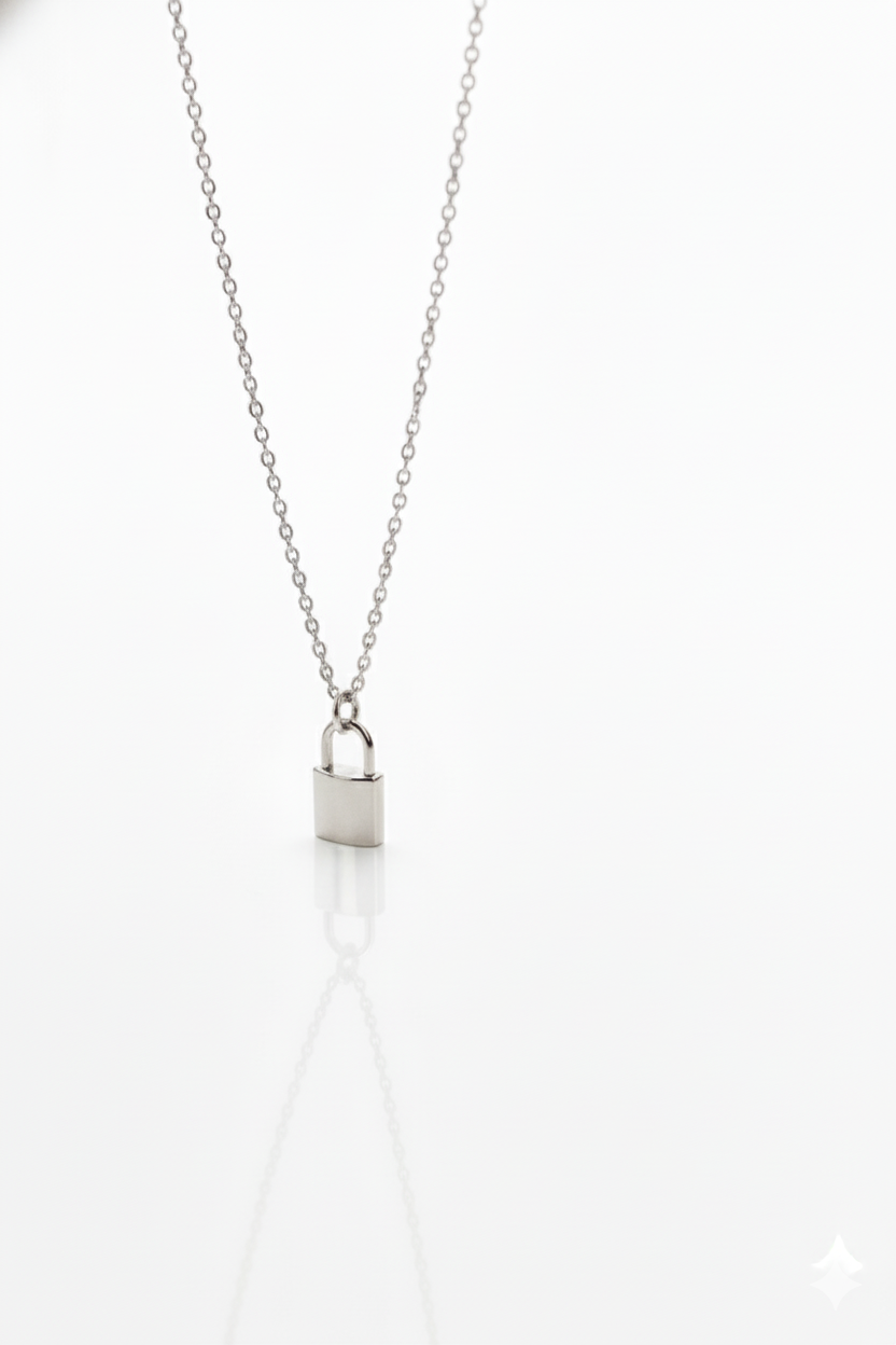 Silver padlock necklace on a white background