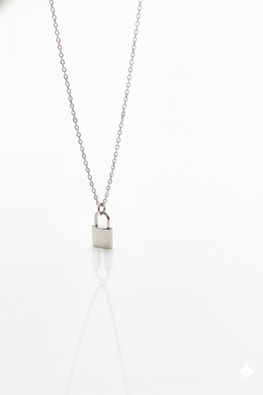 Silver padlock necklace on a white background