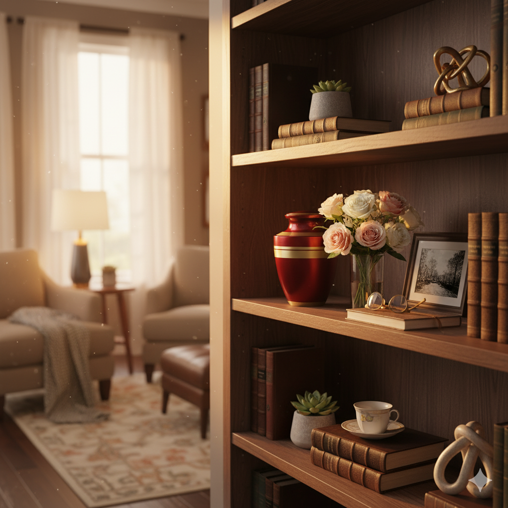 Trinity Crimson urn displayed on a living room side table with soft natural light and warm home décor.