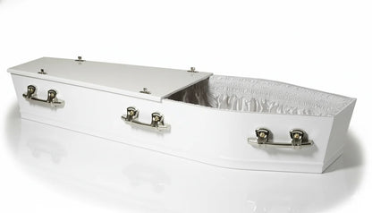A pristine white coffin, half-open to reveal a soft, white satin interior, is presented in a three-quarter view on a clean, reflective white studio background. The lighting is bright and evenly diffused, highlighting the polished silver-tone handles and hinges with minimal shadows, emphasizing the product's elegant design